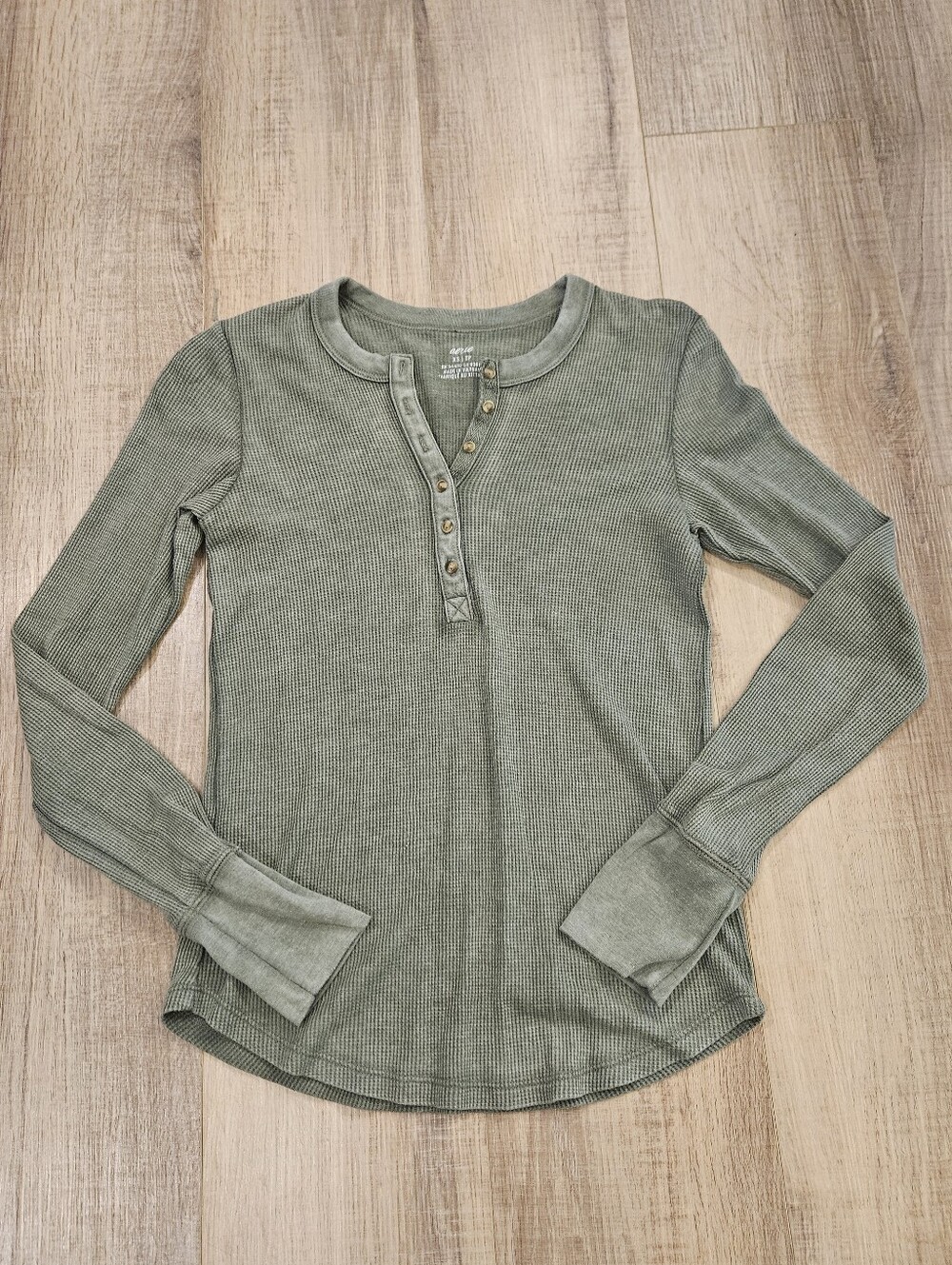 Aerie Olive Green Waffle Knit Henley Top Women XS Long Sleeve Thermal Shirt